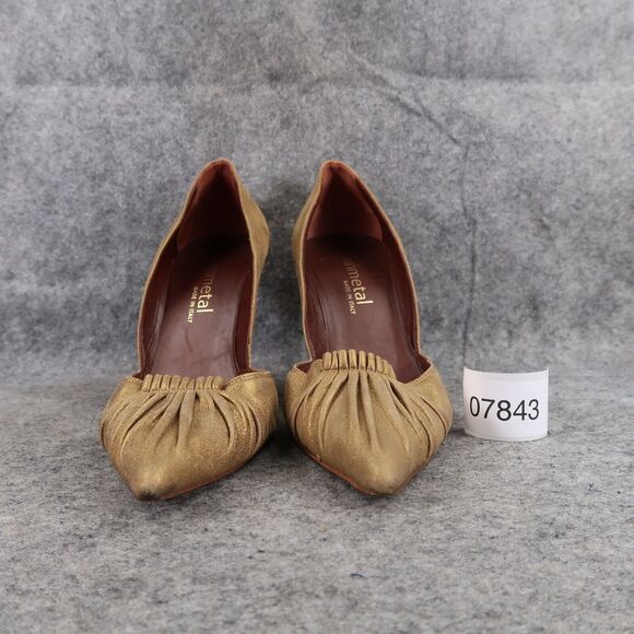 Gunmetal Shoes Womens 37.5 Pumps Fashion Stiletto Point Toe Leather Gold Formal - Picture 3 of 16